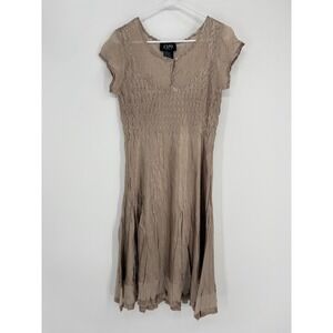 Expo Dress Womens L Champagne Smocked Pleated Crinkle Shimmer Midi y2k 90s